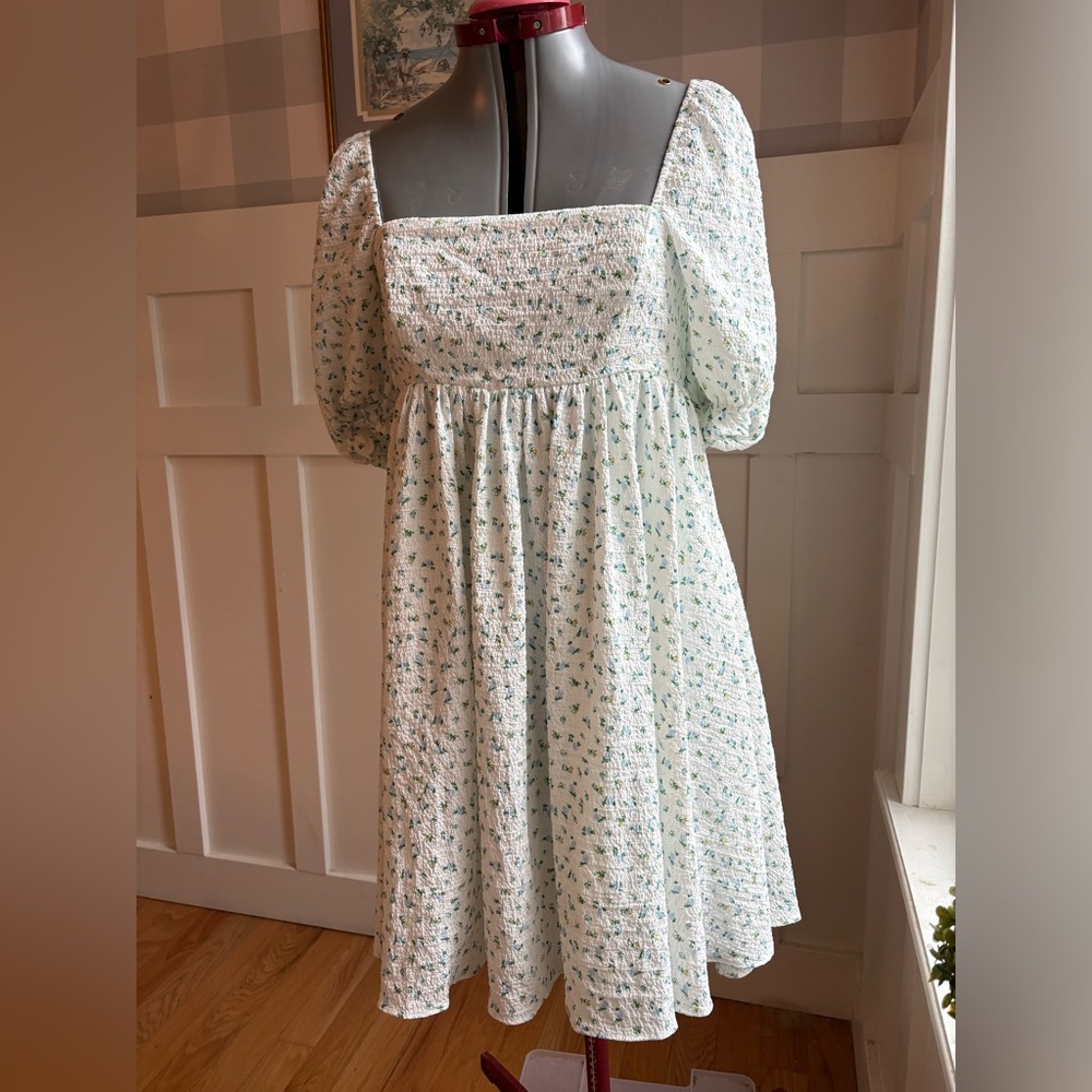 Storia Cream Dress with Green Floral Print and Puff Sleeves Romantic Small